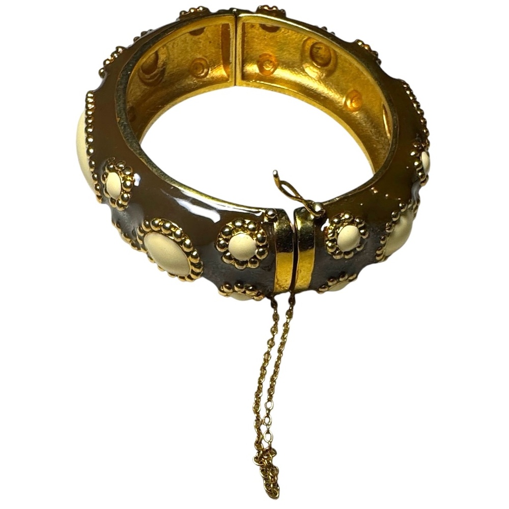 Vtg Brown Enamel Beige Lucite Cabochons Gold Metal Hinge Chain Bangle Bracelet